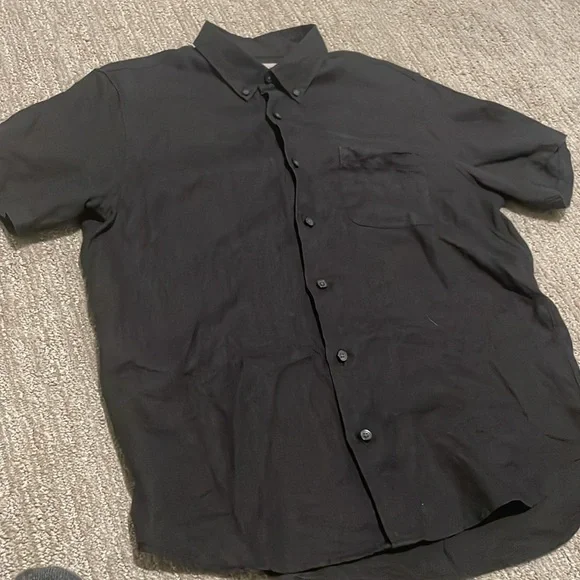 Everlane M classic short sleeve linen button up collar shirt solid black regular - Picture 5 of 8